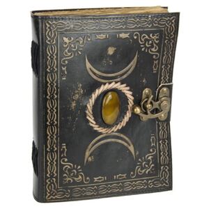 8x6" Antique Paper Leather Journal/Spell Book with Triple Moon and Stone Design 20x15cm