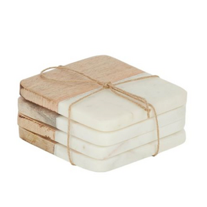 S/4 Marble/Wood Coasters 10x10cm Wht/Nat