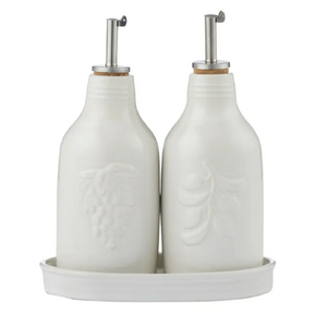 Olio/Aceto S/2 Bottles w Tray 21.5cm Wht