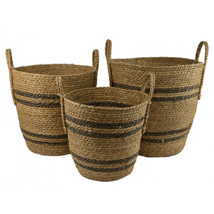 S/3 round seagrass natural/stripe basket-38x38x39