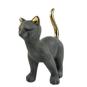 Standing Cat Ornament Charcoal & Gold 19cm